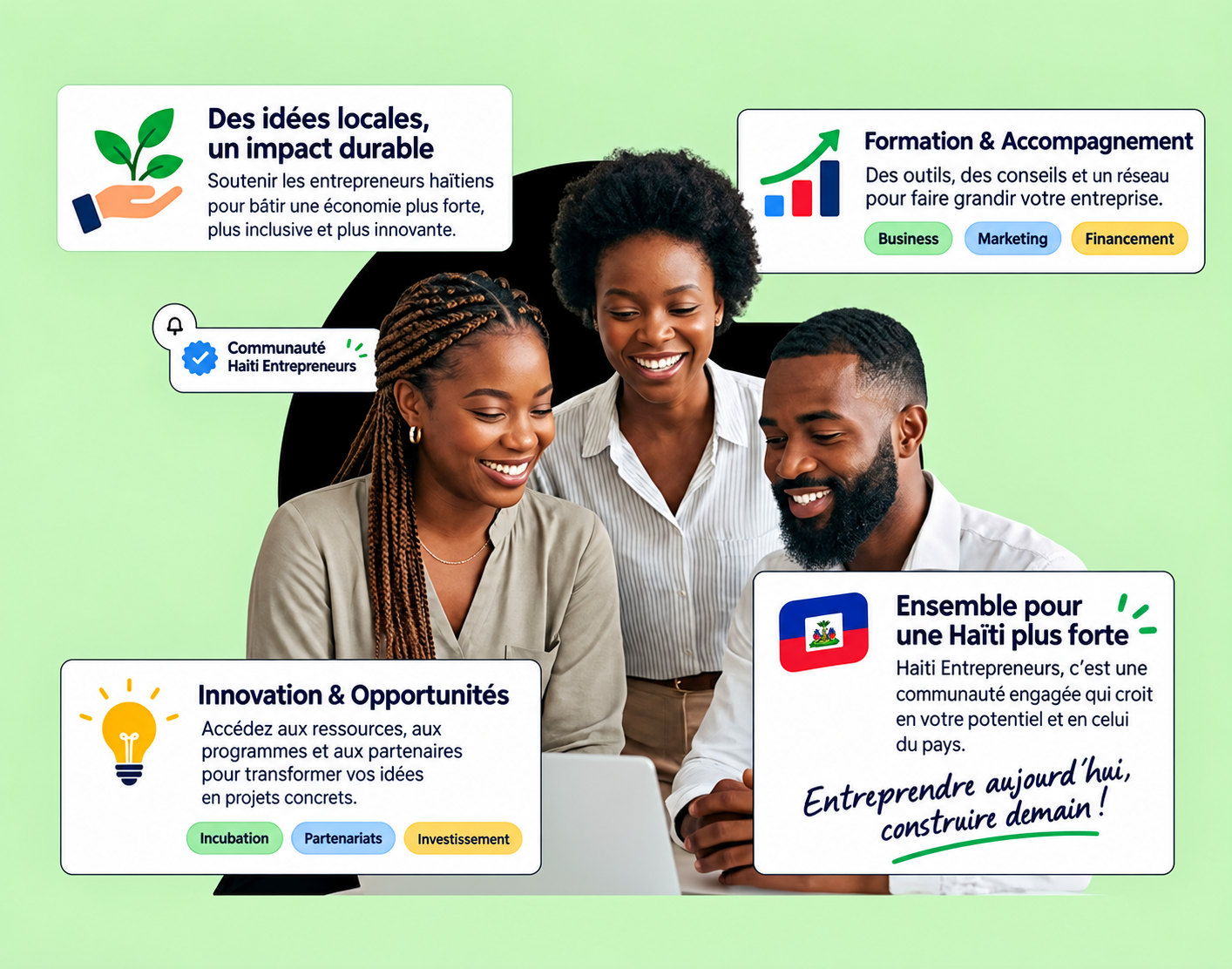 Entrepreneurs haïtiens souriants travaillant ensemble autour d'un ordinateur